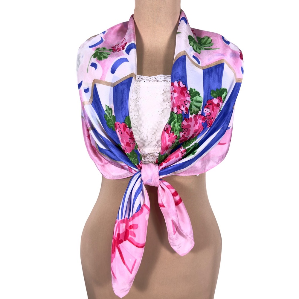 Vtg Carleton Varney 41" Scarf Pink Floral Geranium Blue Resortwear Regencycore - Picture 2 of 9